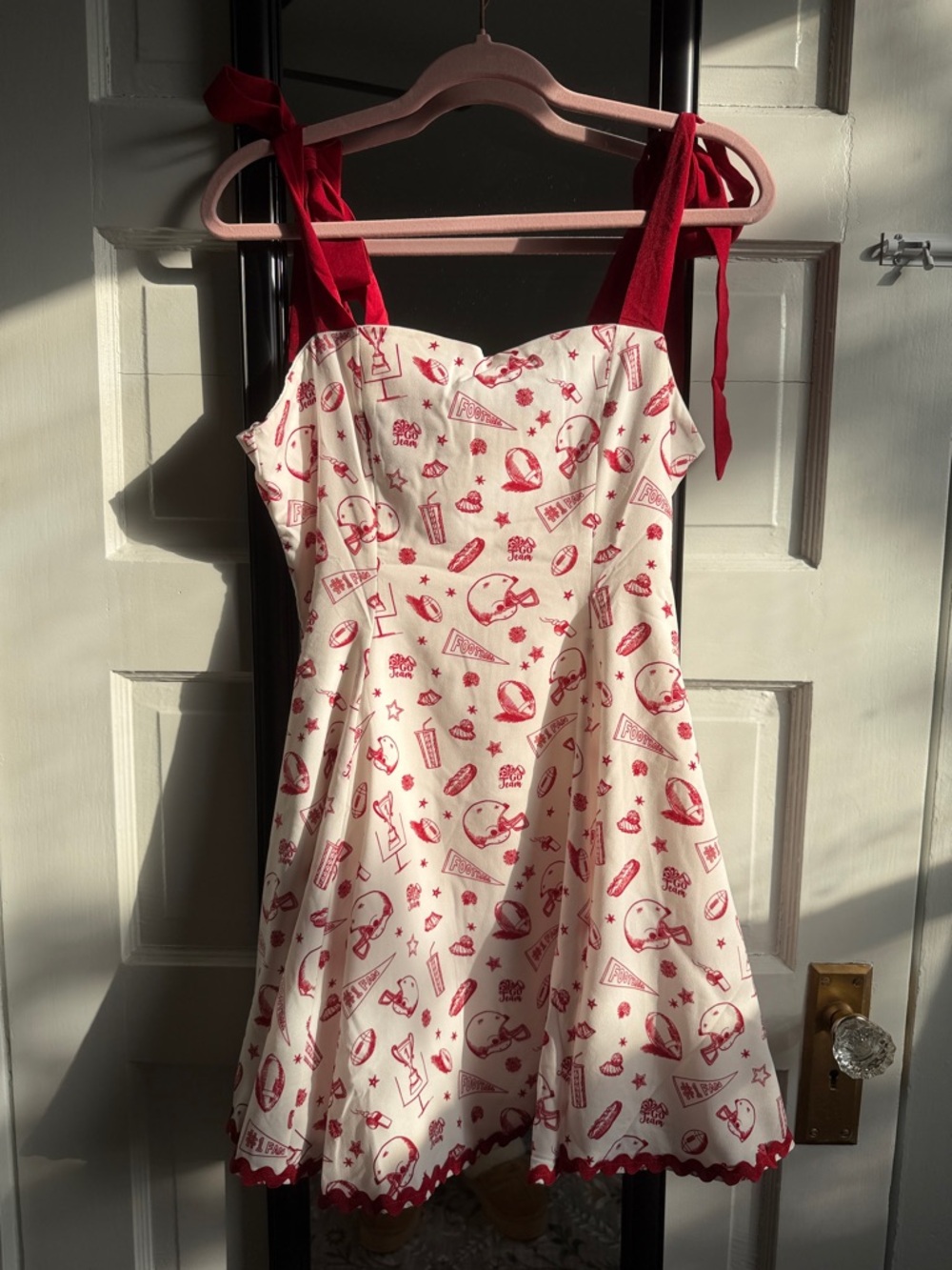 Francesca's Collections Cream and Red Novelty Print Tie-Shoulder Sundress